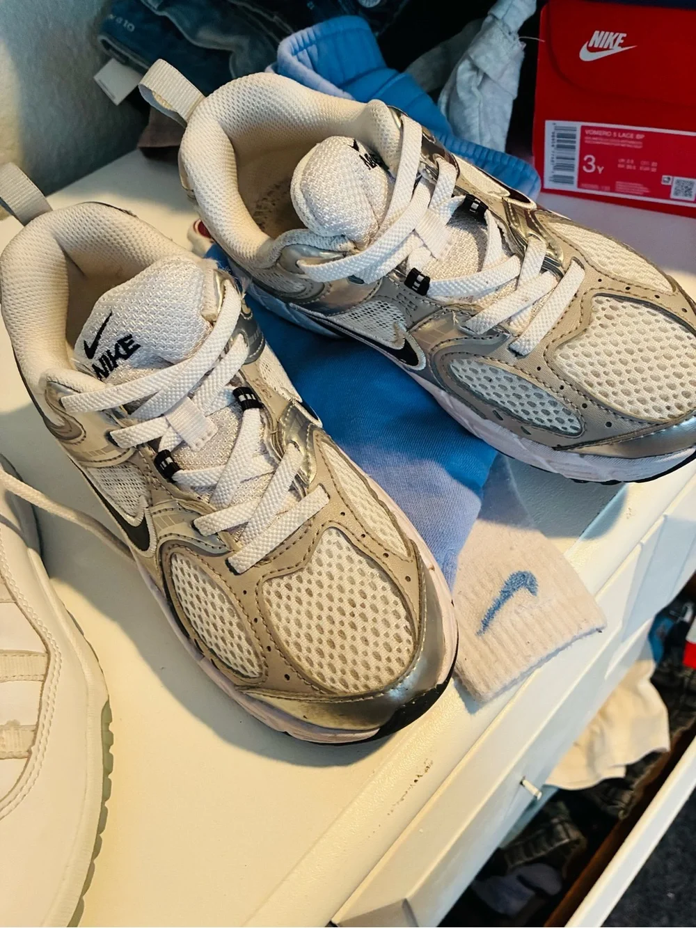 Nike Kids Silver, White and Black Mesh Athletic Sneakers